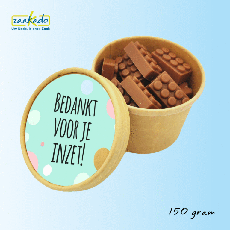 chocolade bouwstenen, biobeker gevuld met choclade steentjes, relatiegeschenken, duurzaam, relatiegeschenken, zaakado