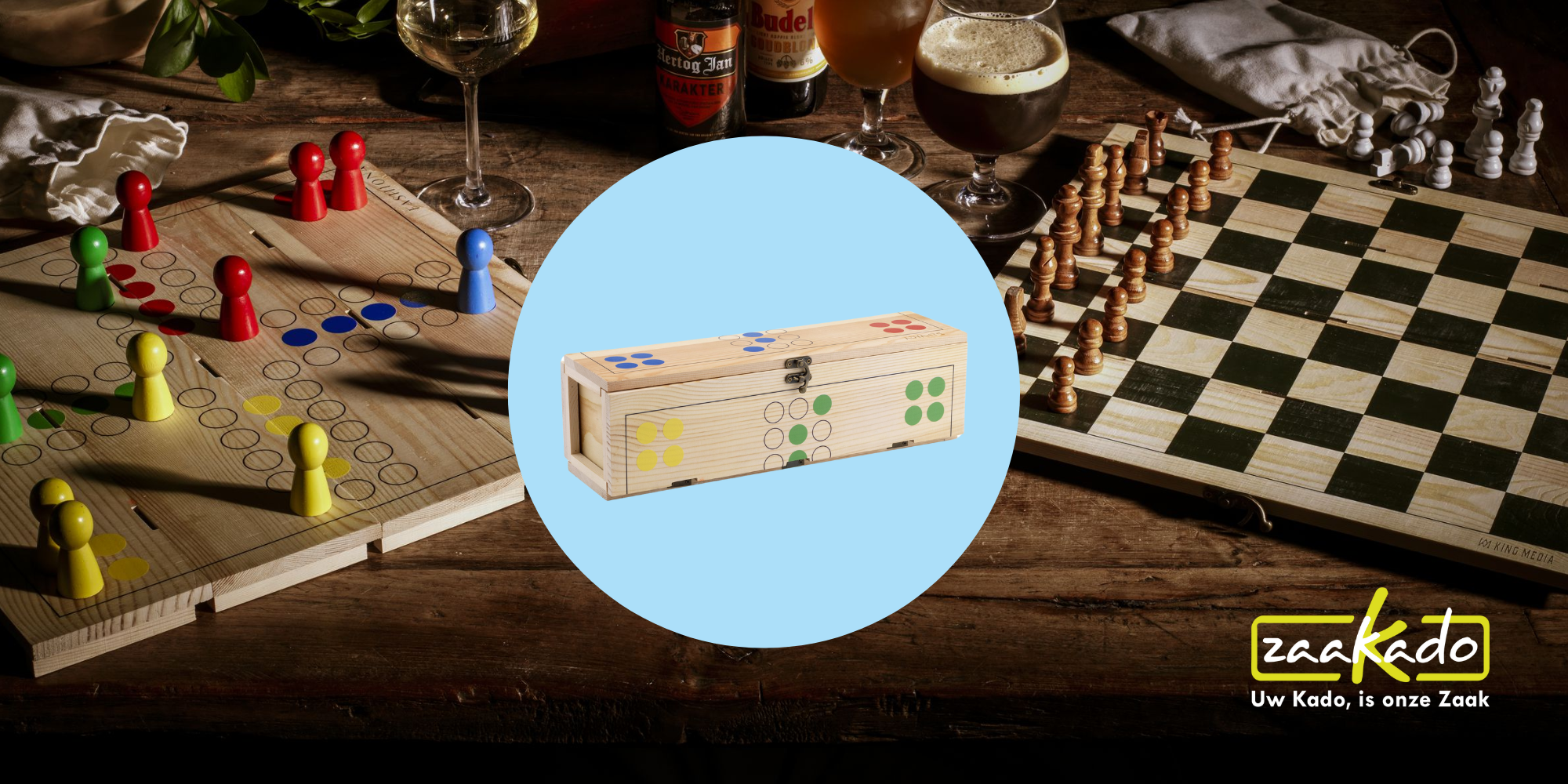 wijnkist met 2e leven herbruikbaar, spellen met logo gepersonaliseerd. zaakado rotterdam