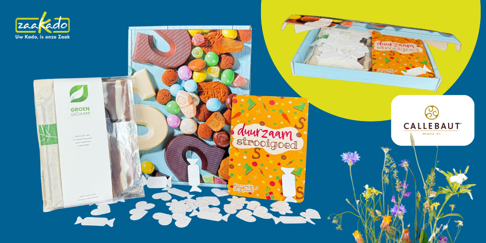 Brievenbuspakket met chocoladeletter, vrolijk strooigoed en gepersonaliseerde kaart. Een echt origineel Sinterklaascadeau.