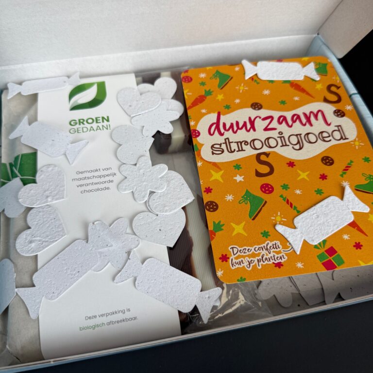 Bedankje 5 december voor medewerkers: duurzaam strooigoed en chocoladeletter, van de ZaaKado Sint!