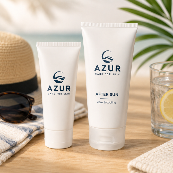 Duurzame zonnebrand en aftersun met bedrijfslogo als zomers relatiegeschenk op een houten tafel met strandaccessoires