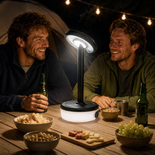 Twee mannen genieten van een zomeravond op de camping met een multifunctionele campinglamp als sfeervolle verlichting tijdens een borrel buiten