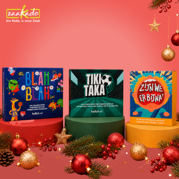 Gezinsspelletjes kerstpakket met Blah Blah, Tiki Taka en Zijn We Er Bijna? als origineel kerstcadeau voor medewerkers.