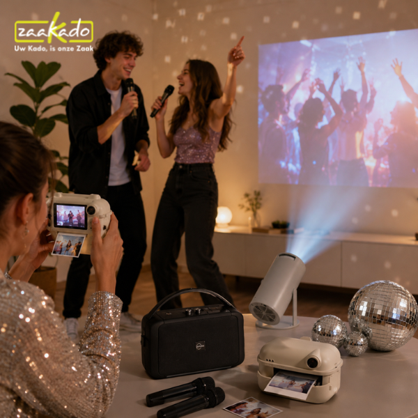 Kerstpakket jongeren met een printcamera, karaokeset en projector tijdens een gezellige kerstavond.