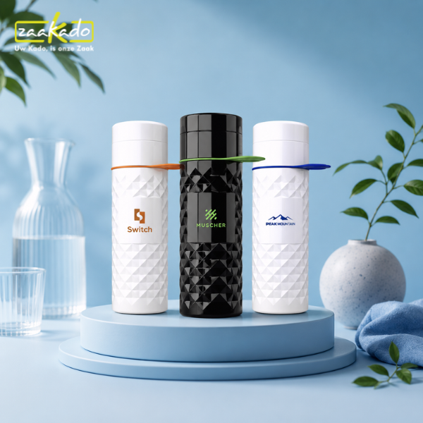 Duurzame beursgeschenken en bedrukte geschenken: herbruikbare drinkflessen op een podium als stijlvolle beursgive away.