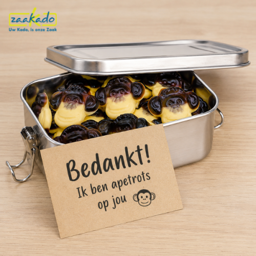 Lunchbox met apenkoppen en persoonlijk bedankkaartje als functioneel geschenk voor de Dag van de Leerkracht