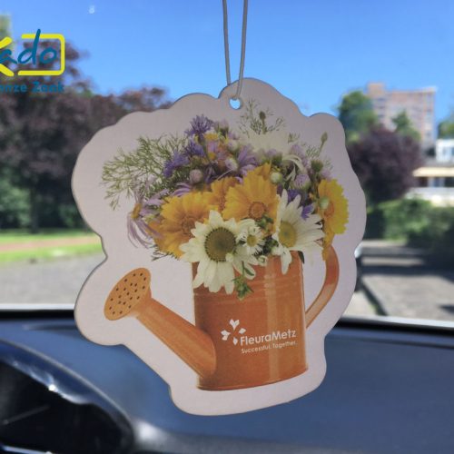 Fleurametz Auto luchtverfrisser logo eigen vorm fruit bloemen auto geur transportsector giveaway ZaaKado Rotterdam Relatiegeschenk bloemengroothandel fris zaakadotip