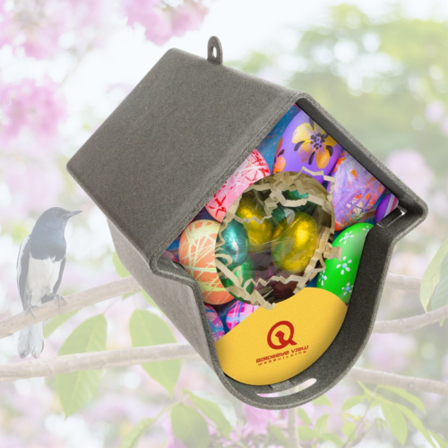Vogelhuisje-met-full-colour-eigen-voorzijde-gevuld-met-paaseitjes-Zaakado pasen vogel gerecycled, duurzaam, uniek, origineel