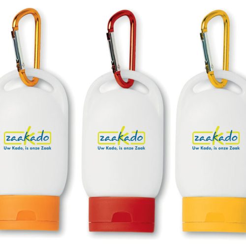 Zonnebrand met karabijnhaak bedrukt met logo zomer giveaway mannen uniek origineel ZaaKado Rotterdam relatiegeschenken