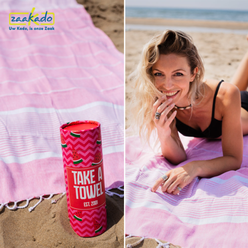 duurzame hamamdoek, geschenkverpakking, koker, relatiegeschenken zomer, strand, vakantie, buiten, zonnig, vrolijk, zorg, opleiding, recreatie, vakantiepark, praktisch, zaakado, rotterdam